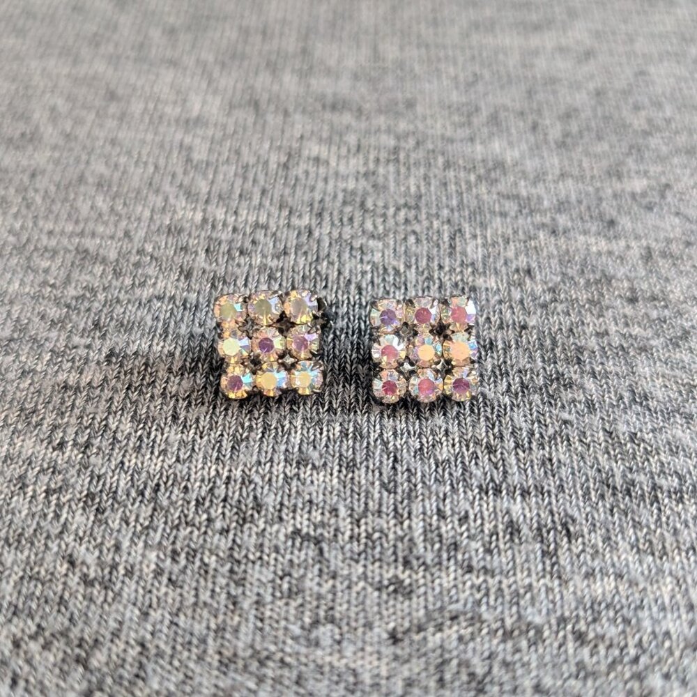 Vintage Square Rhinestone/Aurora Borealis Clip-on Earrings - Picture 2 of 4